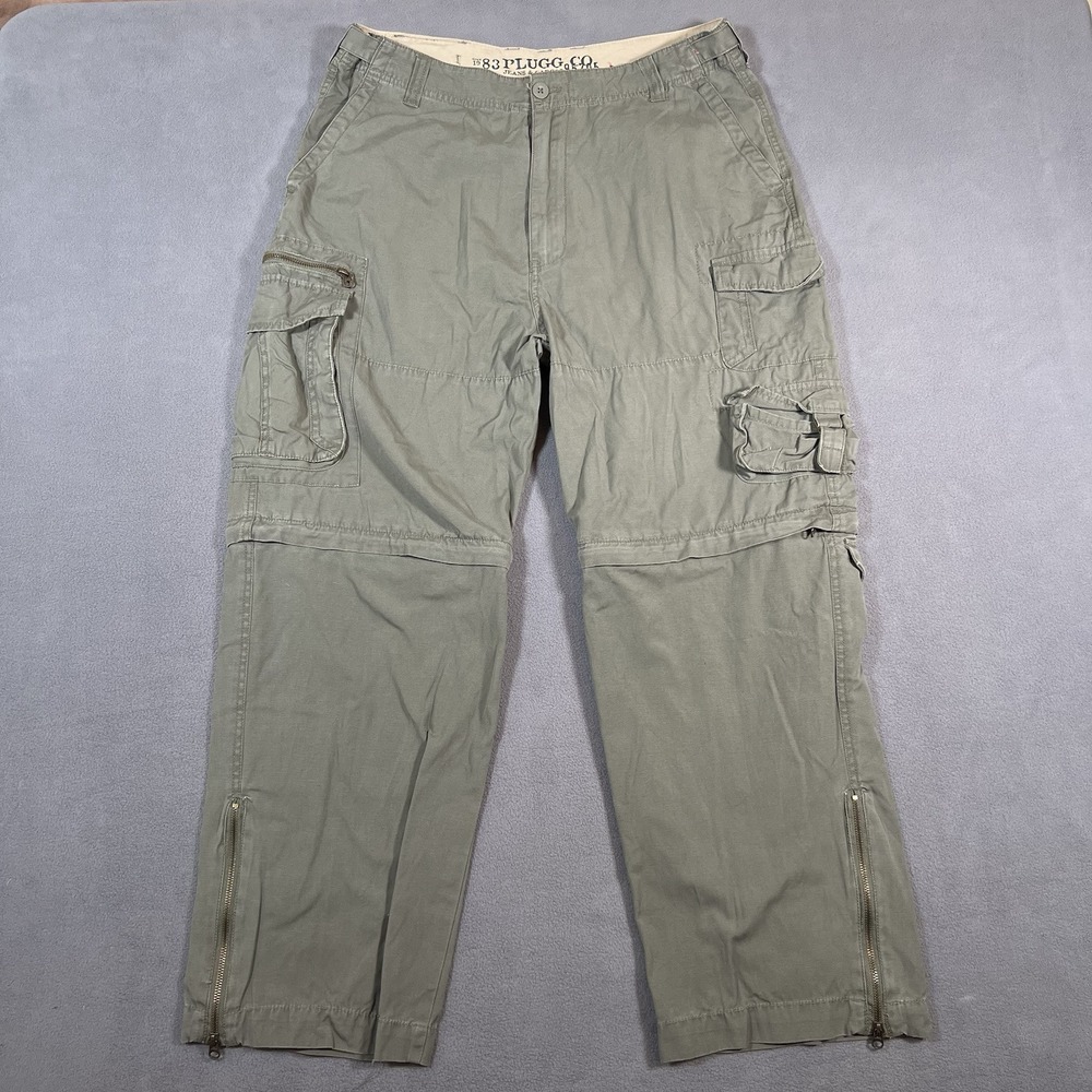 Plugg Cargo Convertible Paratrooper Pants Mens 34x30 Green Baggy Ankle Zip Flare